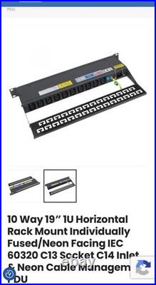 10 Way 19? 1U Horizontal Rack Mount Individually Fused/Neon Facing IEC 60320 C13