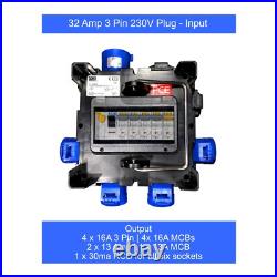 32A 3 Pin Plug to 4 x 16A + 2 x 13A Sockets With MCBs and RCD PCE POWER CUBE 32A 3 Pin Plug to 4 x 16A + 2 x 13A Sockets With MCBs and RCD PCE POWER CUBE